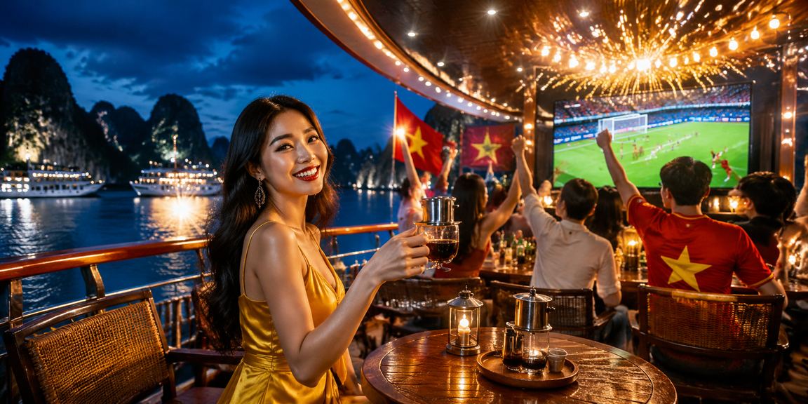 Quán cà phê Hạ Long minh họa người dùng VIP theo dõi bóng đá cuối tuần